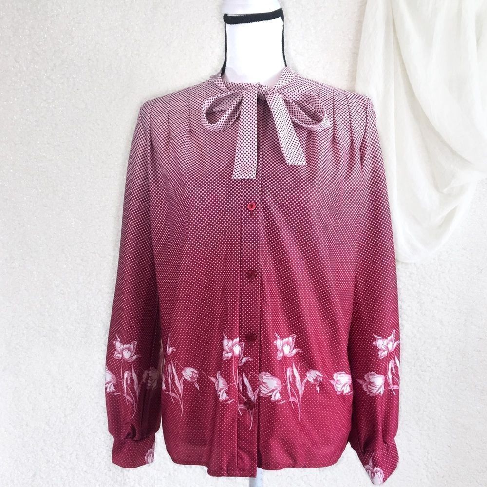 Vintage Red and White Blouse with Bow Detail
